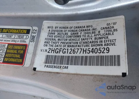 2007 Honda Civic Lx from USA, damaged, VIN 2HGFG12677H540529